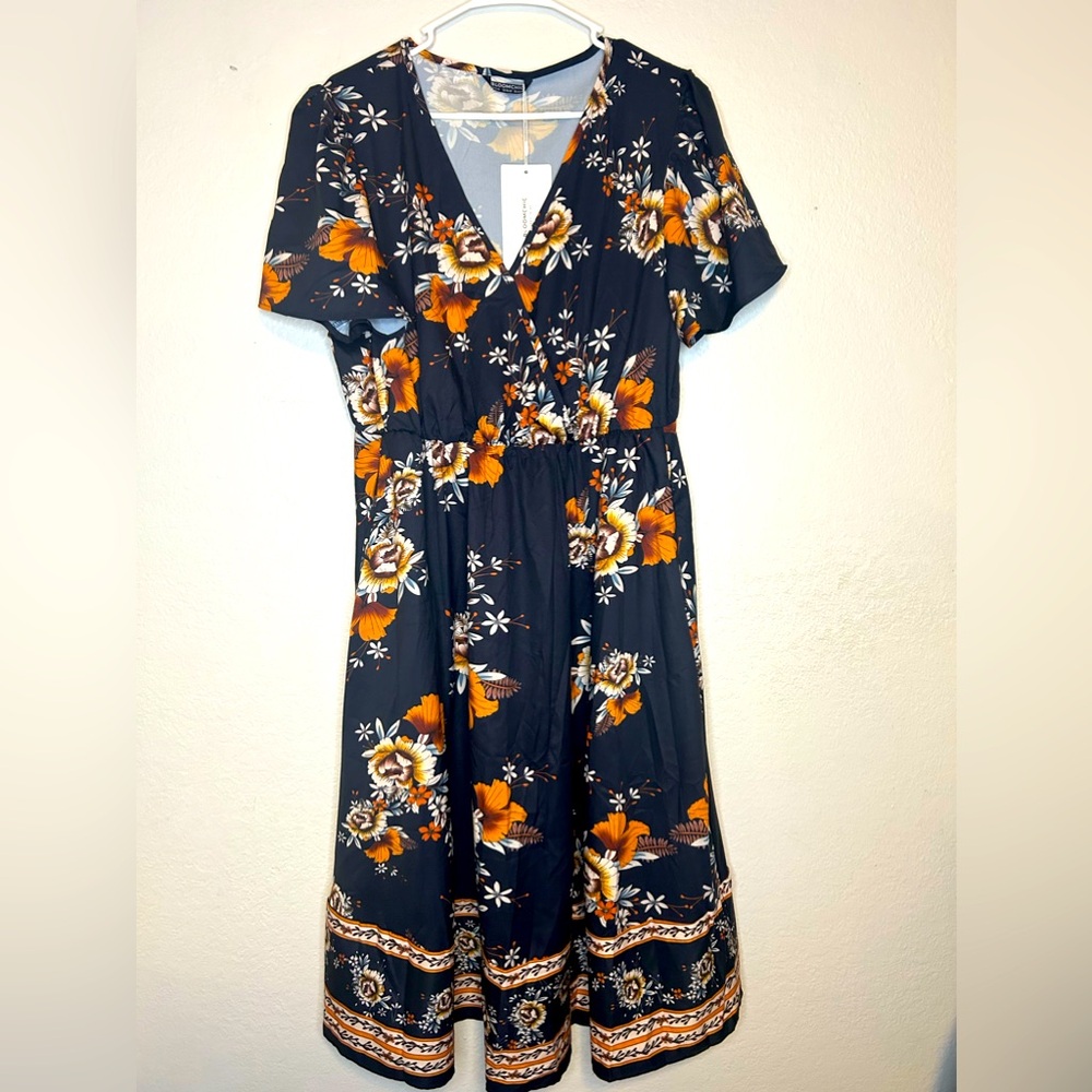 BloomChic Faux Wrap Navy Blue Floral Rust Midi Dress 1X NWT